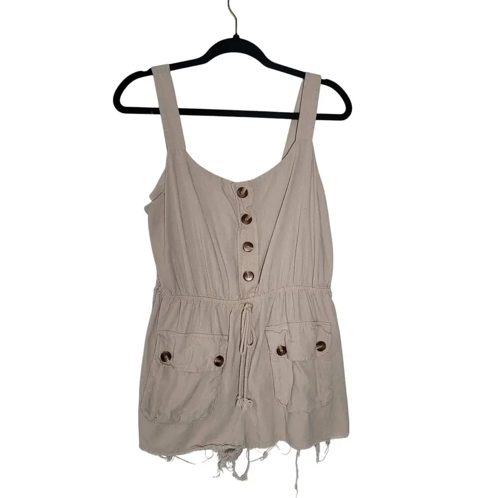 Mine‎ Size L Carlen Romper Raw Hem Beige Sleeveless Shorts Buttons Causal